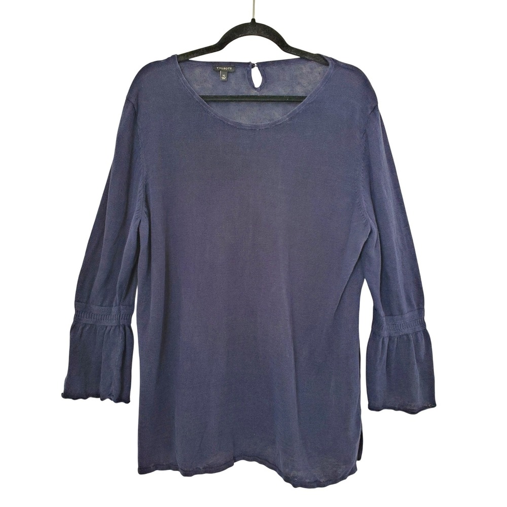 Talbots Navy Blue Linen Knit Bell Sleeve Top Womens XL Scoop-Neck